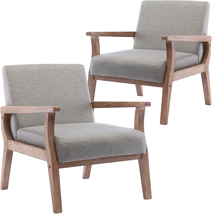 Wahson Comfy Living Room Set of 2 Linen Upholstered Accent Chairs Farmhouse Armchairs with Natural Wood Frame Oversized Decorative Chair for Bedroom Grey