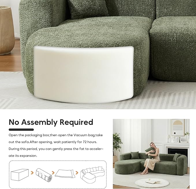 Oversized Sectional Sofa with Chaise with 2 Throw Pillows 109 Modern Luxury Chenille Sofa Extra Wide Seat L-Shape Curved Cloud Couch for Living Room (Left Chaise Green)