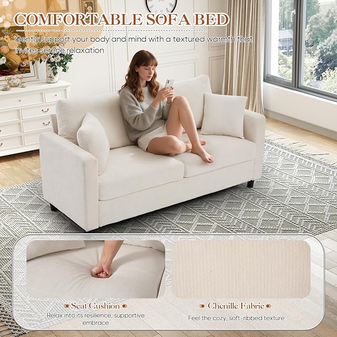 Antetek 72-inch Pull Out Sofa Bed with Mattress Convertible 2-in-1 Folding Full Size Chenille Futon Comfy Loveseat Sleeper Sofa Couch Bed with Square Arms for Guest Room Living Room Bedroom Beige