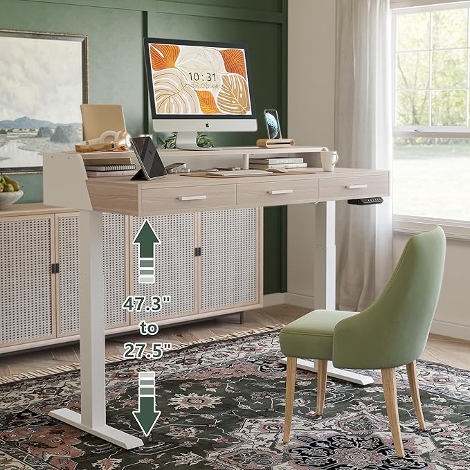 CubiCubi Standing Desk 55x26 Inches with 3 Wood Drawers and Monitor Shelf Ergonomic Rising Home Office Desks Height Adjustable Computer Desk Sit Stand Up Electric Workstation Table Pale Walnut