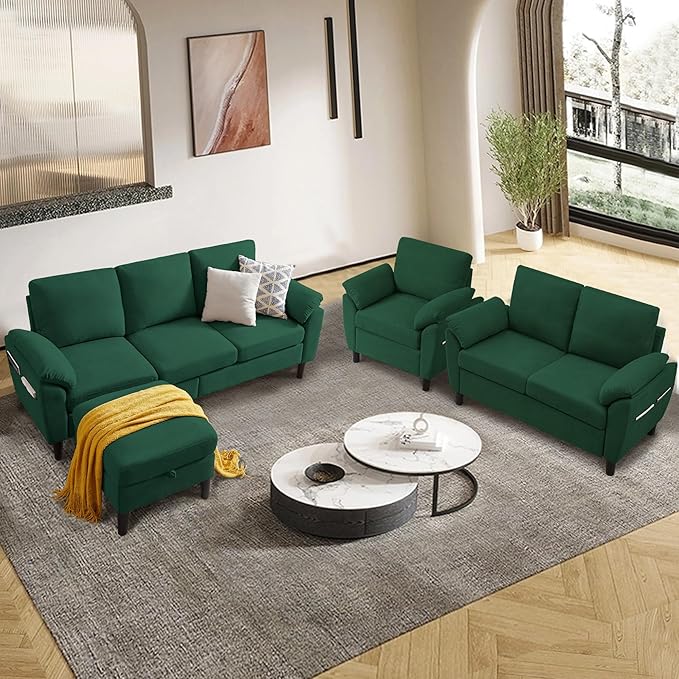4 Piece Convertible Sectional Sofa Set Modern Linen Small L Shaped Couch with Reversible Chaise 3-Seater Sofa &amp Loveseat &amp Armchair for Living Room Office Apartment Green