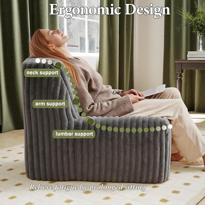 Trenda 32'' Comfy Bedroom Chair for Adult Boneless Space-Saving Accent Chairs with with Spacious Seating Soft Faux Fur Ideal Floor Couch for Living RoomCollege Dorm to Reading(Grey)