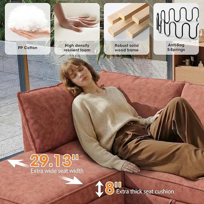 94 4 Seat Modular Sectional Sofa Removable Washable Couch Modular Sectional Sofa with Storage Solid Wood Frame L Shaped with Ottoman Couches for Living Room Office Apartment Brick Red