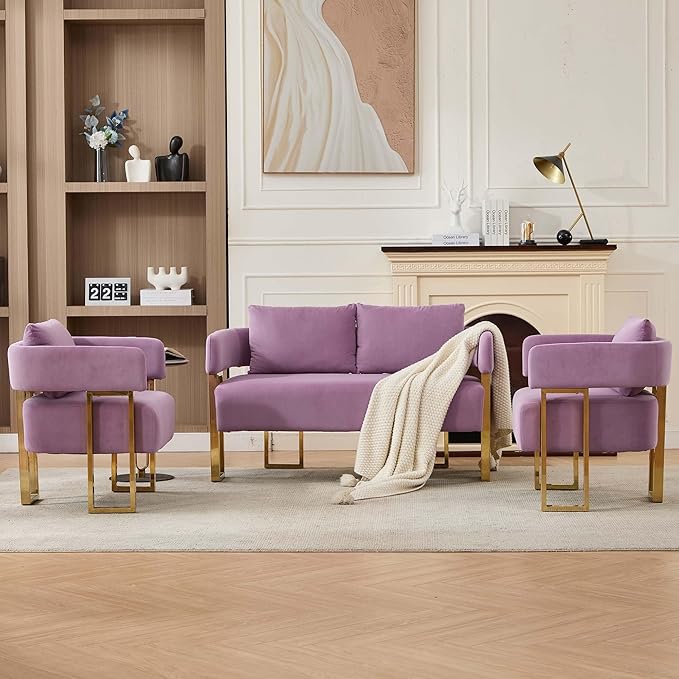 Teddy Fabric Accent Chair Modern Side Chair with Gold Metal Legs 51 Inch Wide Upholstered Loveseat for Living Room Dressing Area Office (Lilac)