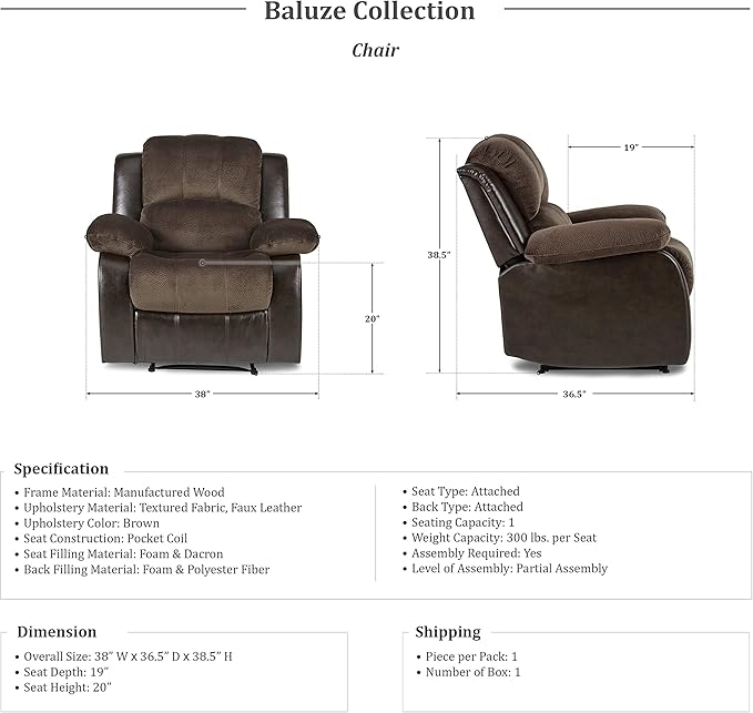 Lexicon Baluze Faux Leather Wall Hugger Recliner Chair for Living Room Office RV - High-Density Foam Sturdy Solid Wood Frame - Chairs Living Room Recliners for Small Spaces - Brown Shades
