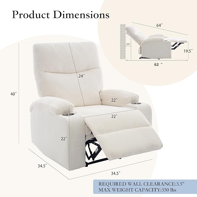 Manual Recliner Chair with Pull Ring 3 Position 140° Reclining Sofa for Living Room Nursery RV and OfficeOversized Recliner Chairs for Adults(White Corduroy Fabric)