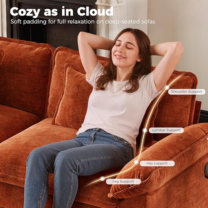 HUSFU 120 Cloud Couch Modular Sectional Sofa with Ottoman 3-Seat Modern Chenille Upholstered U-Shaped Deep Seat Sofa Couch for Living Room Bedroom and Apartment Orange