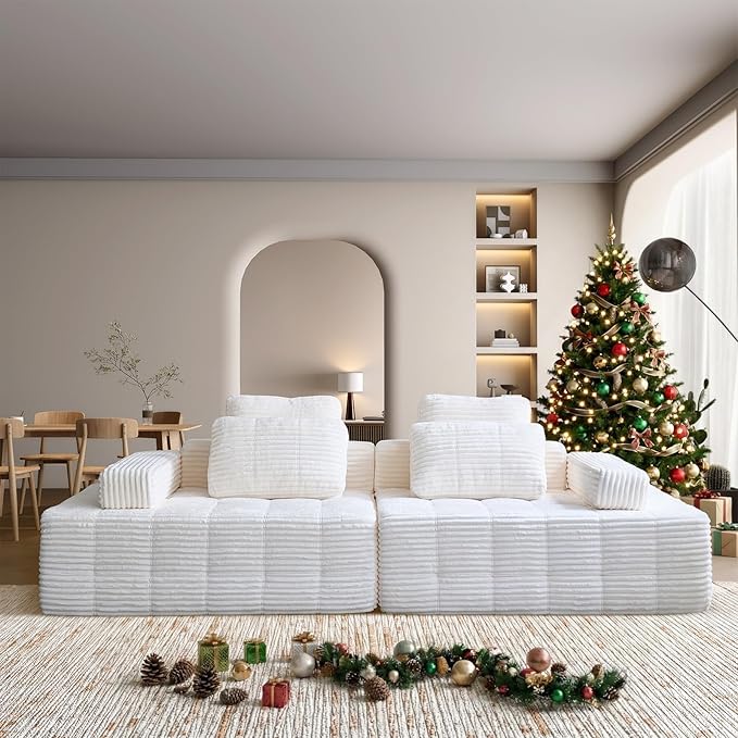 Modular Sectional Sofa with Movable Handrails Straight-Row Boneless Sofa Sectional Couch for Living Room Deep Seat Memory Foam Faux Rabbit Fur Fabric Sofa No Assembly Required (White)