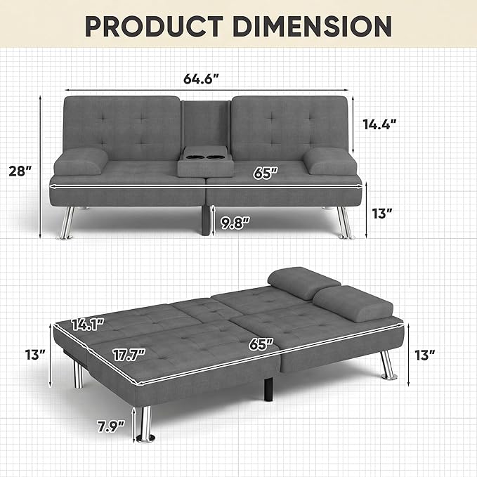 YESHOMY Modern Futon Sofa Bed Convertible Futon Couch with Adjustable Backrest Futon Loveseat Sleeper Sofa Bed with Armrest for Living Room Small SpacesLinen Fabric Dark Gray