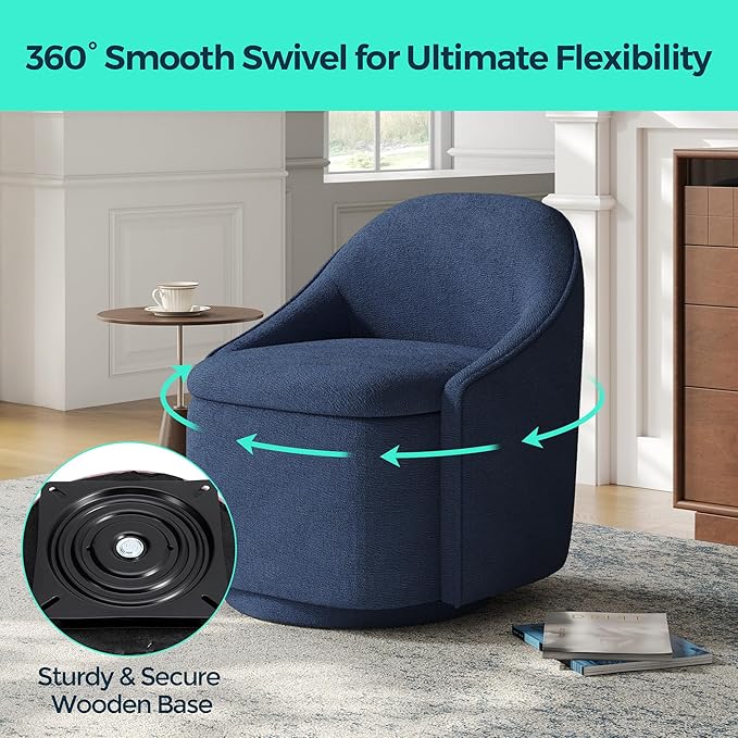 LINSY Swivel Accent Chair with Storage Comfy Chenille Barrel Chairs Small 360 Swivel Modern Armchair for Living Room Bedroom Boucle Reading Chair for Study Room (Blue)