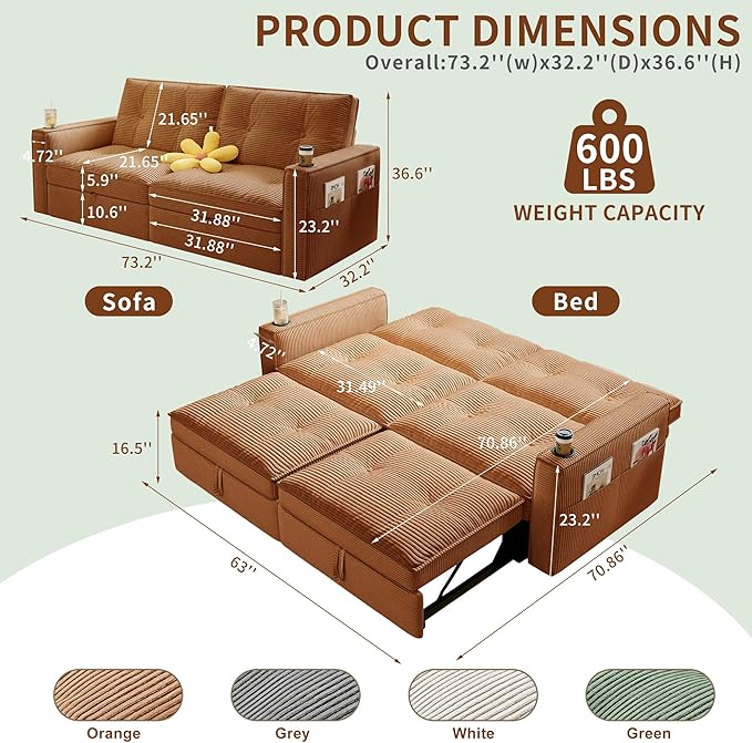 74'' Convertible Sofa Bed 2-in-1 Velvet Sleeper Sofa for Small Spaces Modern Loveseat &amp Guest Bed Apartment &amp Dorm FurnitureOrange | Convertible Sofa Bed