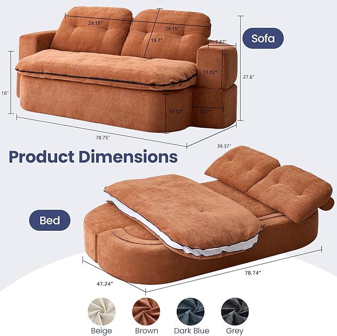 78.74 Convertible Sofa Bed Folding Loveseat Sleeper Sofa 2 in 1 Chenille Floor Couch Bed Foam Compressed Sofa with Pillows &amp Blanket for Living Room Apartment Studio Office (Brown)