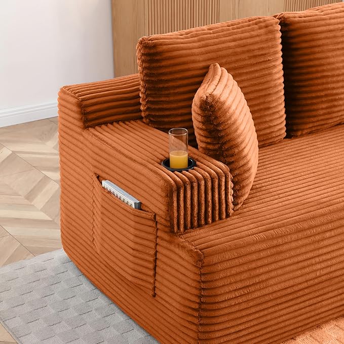 Eafurn Floor Loveseat Boneless Sofa Couch in a Box with Cup Holder and Side Pockets 3 Seater Comfy Corduroy Upholstered Foam Couch with Deep Seating for Living RoomNo Assembly | Breathable material