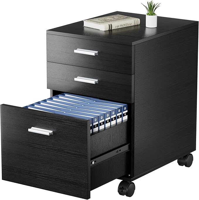 3 Drawer File Cabinet with WheelsPre-Assembled Black Wood OrganizerFits A4/Letter Size for Home OfficeMobile Printer Stand Storage19 L x 16 W x 22 H