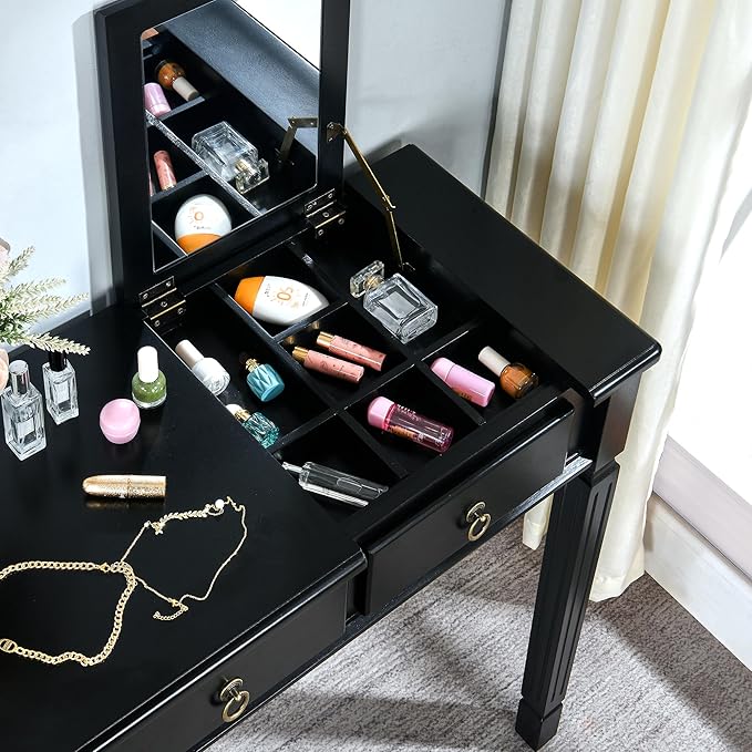 LEEMTORIG 31.5 Solid Wood Small Vanity Desk with Flip-top Mirror Compact Wooden Writing Desk with Drawers 3 in 1 Secretary Desk/Dressing Table/Nightstand for Small Space Black SZT-D0036-BK