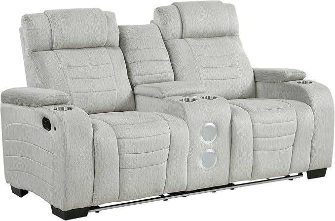 Lexicon Wall Hugger Manual Double Reclining Loveseat with Console Microfiber Home Theater Seating with Cup Holders/Hidden Arm Storage/Wireless Speakers/LED Base Lighting for Living Room Light Gray