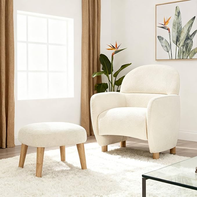 Modern Barrel Chair with Ottoman Upholstered Armchair with Wooden Legs Backrest Single Sofa Soft Cushion Seating Comfy Lounge Chair for Living RoomBedroomReading Corner (White)