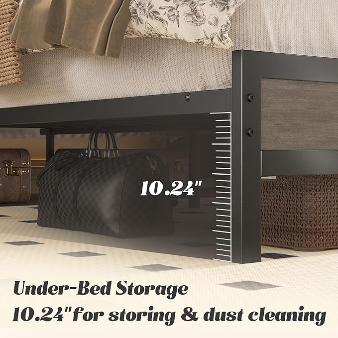 Queen Bed Frame with Headboard &amp Footboard Bed Frame with Built-in Charging Station &amp LED Light Storage Shelf Noise-Free No Box Spring Needed Easy Assembly Rustic Grey