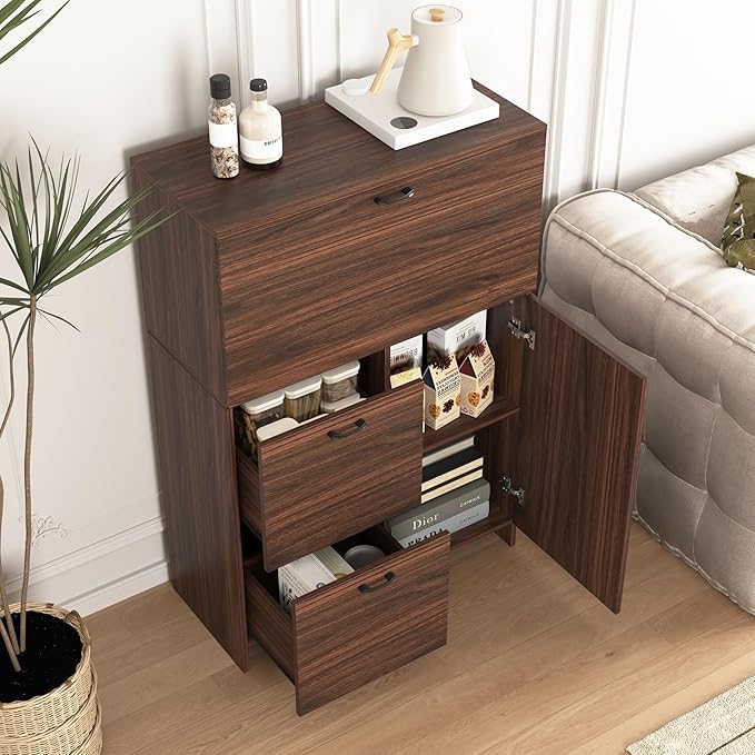 Space-Saving Fold-Up Desk Cabinet with Storage Drawer &amp Shelves for Home Office Dorms