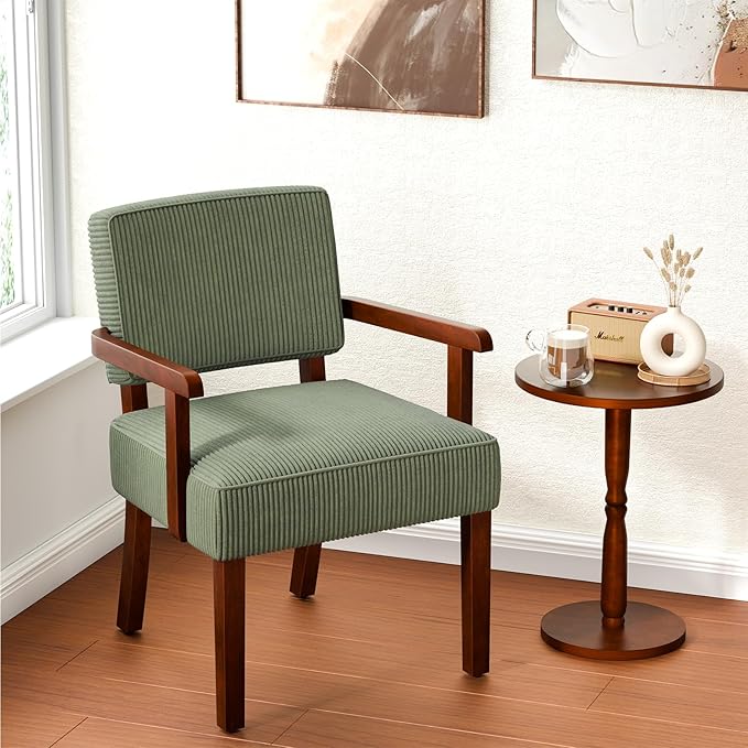 Corduroy Accent Chair Mid Century Modern Armchairs with Solid Wood Frame Oversized Reading Leisure Chair for Living Room Bedroom (Corduroy Green One Chair)