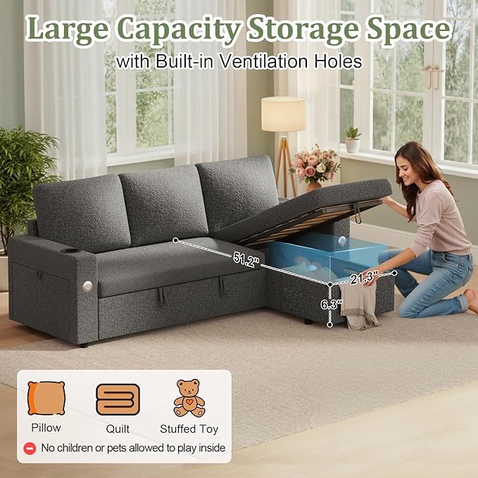 82 Inch L-Shape Sectional Couch 4-in-1 Multifunctional Pull-Out Couch Sleeper Sofa with Storage Chaise Charging Station Cup Holder for Living Room/Office/Apartment (Dark Gray)