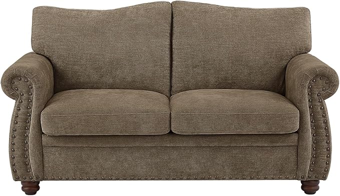 ONBRILL Nailhead Sofa 66 Inch Small Couch with Rolled Arms Chenille Fabric Loveseat w/Springs Seat Cushion Vintage Curved Back Turned Wood Legs Comfy Couch for Living Room Farmhouse Brown