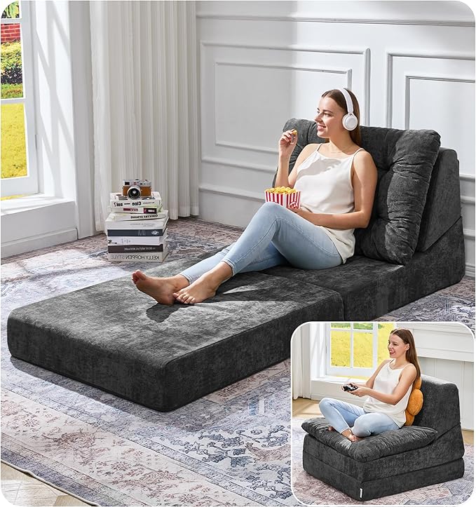 Hobestluk Sofa Couch Folding Sofa Bed Comfy Floor Lounger Convertible Sofa with Removable Cushion Couches for Small Spaces Foldable Mattress for Living Room Bedroom or Office (Chenille Grey Large)