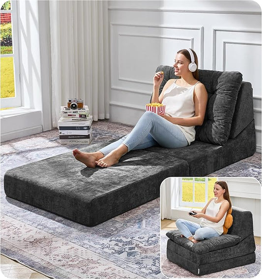 Hobestluk Sofa Couch Folding Sofa Bed Comfy Floor Lounger Convertible Sofa with Removable Cushion Couches for Small Spaces Foldable Mattress for Living Room Bedroom or Office (Chenille Grey Large)