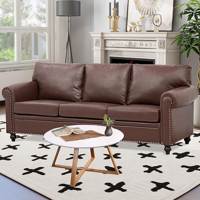 Brown Faux Leather 3 Seater Couches and Sofa Chair Set with Rivet Rolled Arm Modern Mid Century Sofas for Living Room Apartment Office Easy Assembly (Brown PU One Sofa+0ne Chair)