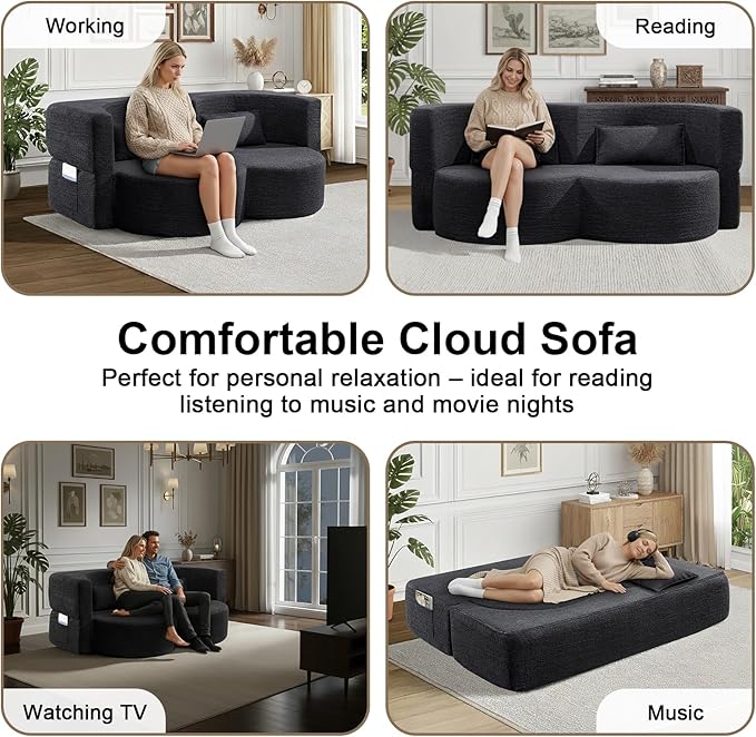79 Inch Boneless Loveseat Sofa: 2-in-1 Convertible Teddy Velvet Cloud Double Sofa Minimalist Curved Cloud Sofa Bed for Living Room Apartment &amp Small Spaces (Black)