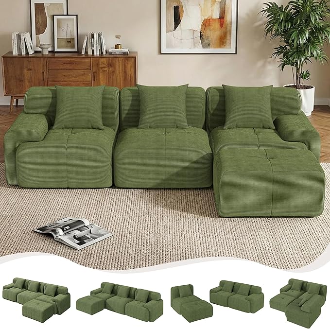 104 Boneless Couch with Ottoman Upholstered Flexible Modular Sectional Sofa Cloud Couch with Deep Seat &amp Pillows for Small Spaces Boneless Couches for Living Room No Assembly Required Green