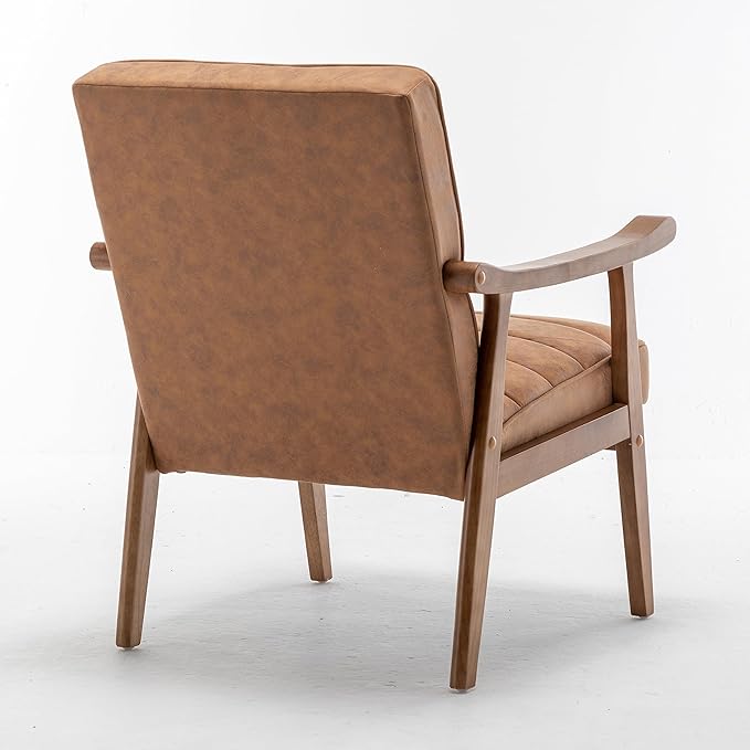 Unique Mid Century Modern Accent Chair with Open-Framed Armchair Design Plush Foam Cushioning and Leather-Look Microfiber Seat and Back Cushions Brown