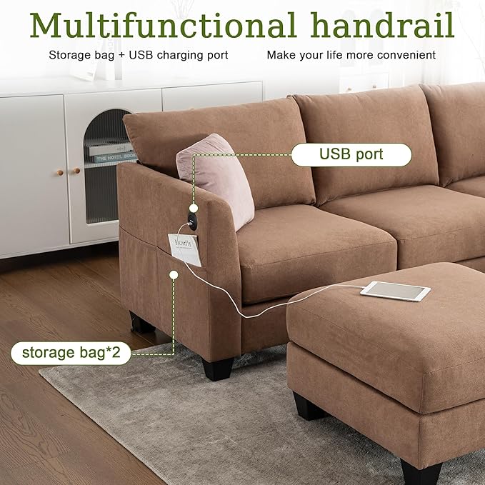 122.8 Large Sectional Couches for Living Room 6 Seater L Shaped Modular Sectional Sofa with Two Storage Ottomans &amp USB Oversized Corner Couch for Living Room（Brown）