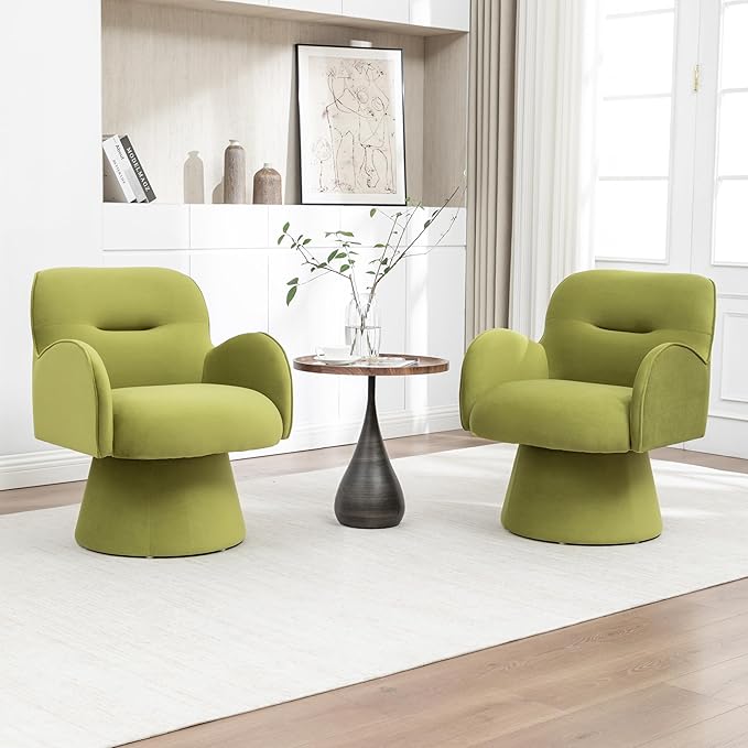 Swivel Accent Chairs Modern Comfy Velvet Barrel Armrest Chairs with Curve Back Soft Cushion Olive Green Armchairs with Arms Small Round Chair for Small Spaces Bedroom Living Room