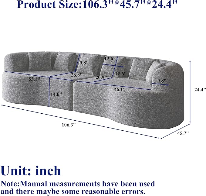 KEIKI 106.3 Curved Sectional Sofa Oversized Cloud Couch with 6 Pillows Deep Seat Sofa for Living Room Guest Bedroom No Assembly Required Black