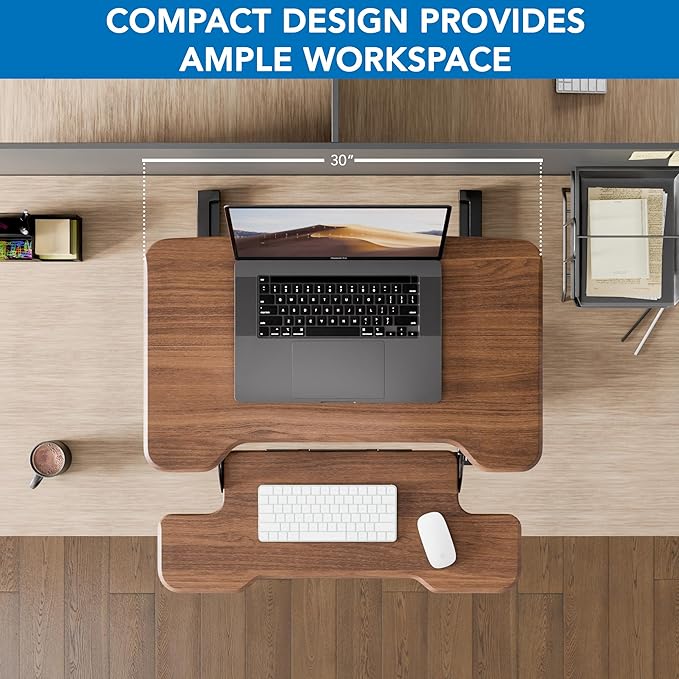 Mount-It! Height Adjustable Standing Desk Converter Compact 30” Wide Tabletop Standing Desk Riser with Gas Spring Desktop Stand Up Workstation with Keyboard Tray Fits Monitor or Laptop Dark Walnut