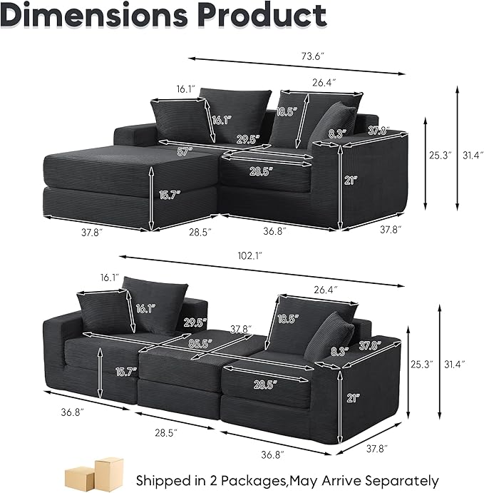 L-Shaped Modular Sofa Bed with Ottoman Corduroy Folding Floor Convertible Sofa Couch Bed Boneless Combination Design Loveseat Sleeper Couch for Living Room Grey