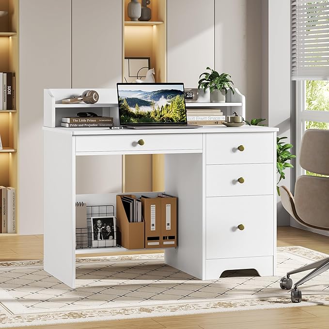 TTVIEW Computer Desk with Drawers and Hutch Shelf Wood Executive Desk Writing Study Table with 43” Wide Tabletop Small Desk with File Drawer for Home Office Bedroom White