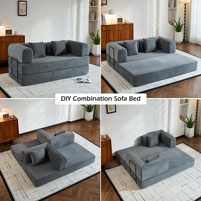 Convertible Sleeper Sofa Bed with Fixed-Shape Frame Modern Corduroy Folding Boneless Couch with 2 Pillows Comfy Floor Sofa Couch for Living Room No Assembly Required Grey