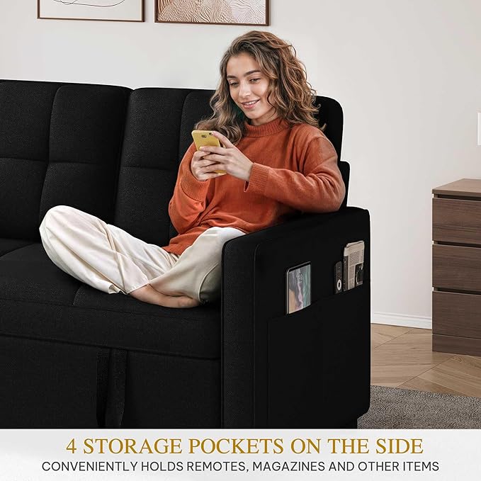 DWVO 55 Convertible Sofa Bed 3-in-1 Sleeper Sofa with Pull-Out Bed Linen Futon Couch with Adjustable Backrest and Side Pocket Modern Loveseat for Living Room Apartment Balck