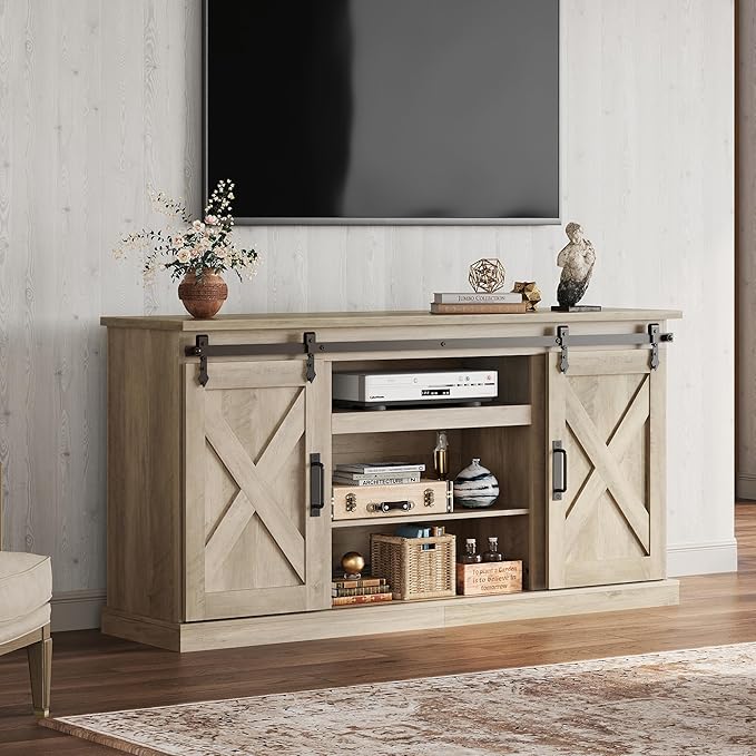 WLIVE Farmhouse TV Stand for TVs up to 65 Modern Media TV Console with Sliding X-Shaped Barn Doors Entertainment Center with Storage Cabinets for Living Room Grey Oak