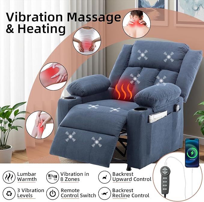 Power Recliner Chair Upholstered Recliner Heating Vibration Massage with Side Pockets Side Table &amp 2 Cup Holders for Living Room &amp Home Theater (Navy)