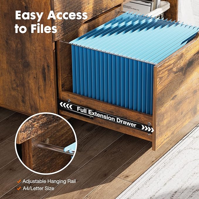 File Cabinet with 3 Drawers Mobile Lateral Filing Cabinet with Open Storage Shelves for Home Office Under Desk Storage Brown