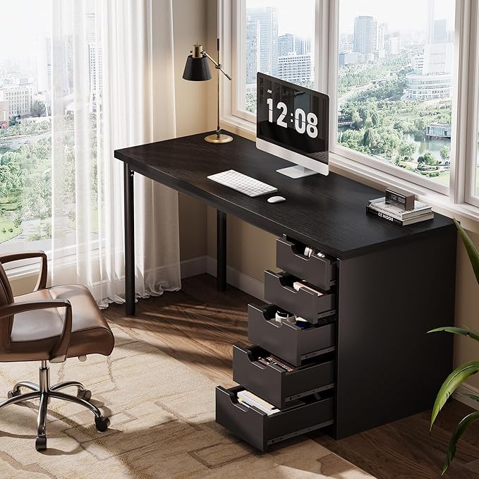 Tribesigns Modern Simple Computer Desk 47 Inches PC Desk with 5 Reversible Drawers Rustic Brown Study Writing Table Workstation for Home Office Small Spaces (Black)