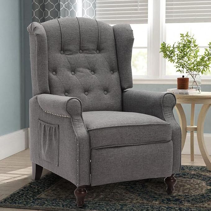 IPKIG Recliner Chair with Heated and Massage Tufted Button Wingback Design Push Back Chair Recliners Armchair Accent Chairs with Side Pockets for Living Room Bedroom Home Office (1 Grey)