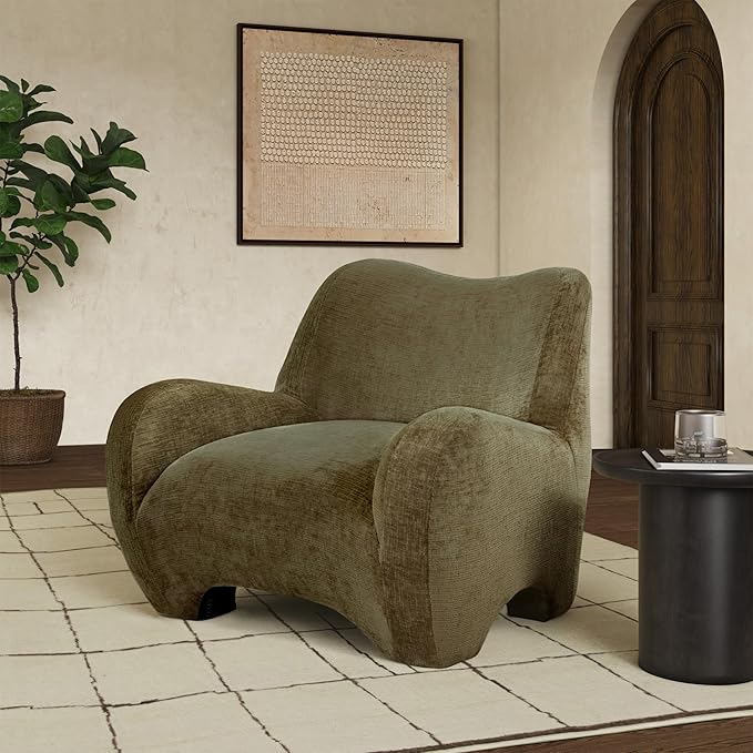 SAFAVIEH Couture Collection - Randal Olive Green Chenille Accent Chair Modern Sculptural Lounge Seating Fully Assembled (SFV4878B)