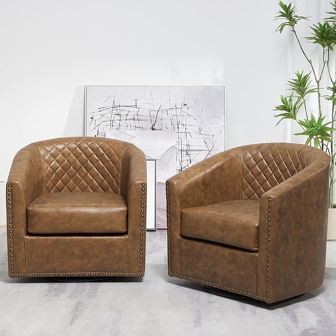 KINWELL 29 Wide Tufted Faux Leather Swivel Barrel Chair Set of 2 PU Leather Modern Upholstered Accent Chairs with Nailhead Trim Small Armchair for Living Room Bedroom Coffee