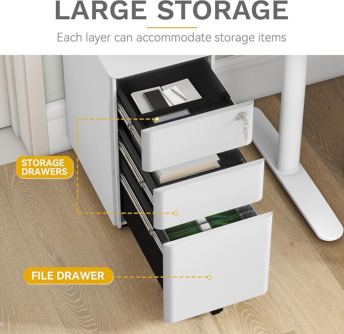 YITAHOME DWVO 3-Drawer Vertical File Cabinet Mobile Filing Cabinet with Lockable Pre-Assembled Compact Slim File Cabinet Portable Office Storage for A4/Letter/Legal Documents (White)