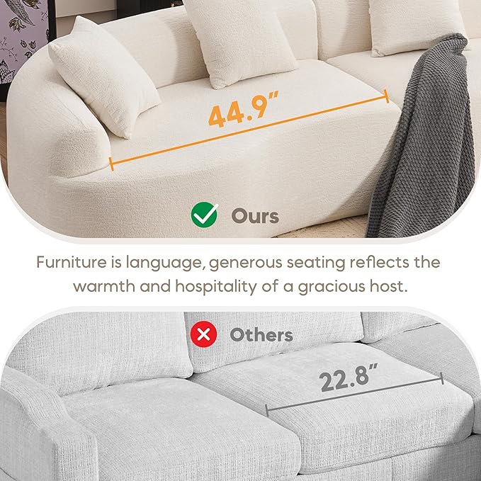 Yoglad 110‘’ Boneless Curved Sofa Modern Cloud 4-Seater Floor Couch Minimalist Compression Sofa for Living Room Apartment Studio Office No Assembly Needed(Chenille Beige White)