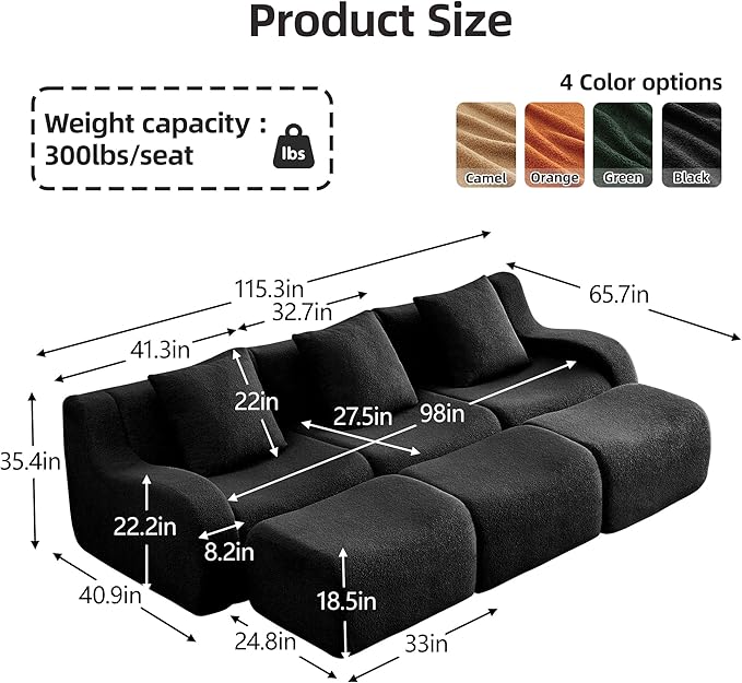 115.3 Inches Sectional Boneless Cloud Couch Super Soft Comfortable Curved Armrest Deep Seat Sofa with Pillow and Ottoman Sectional Couches for Living Room No Assembly Required